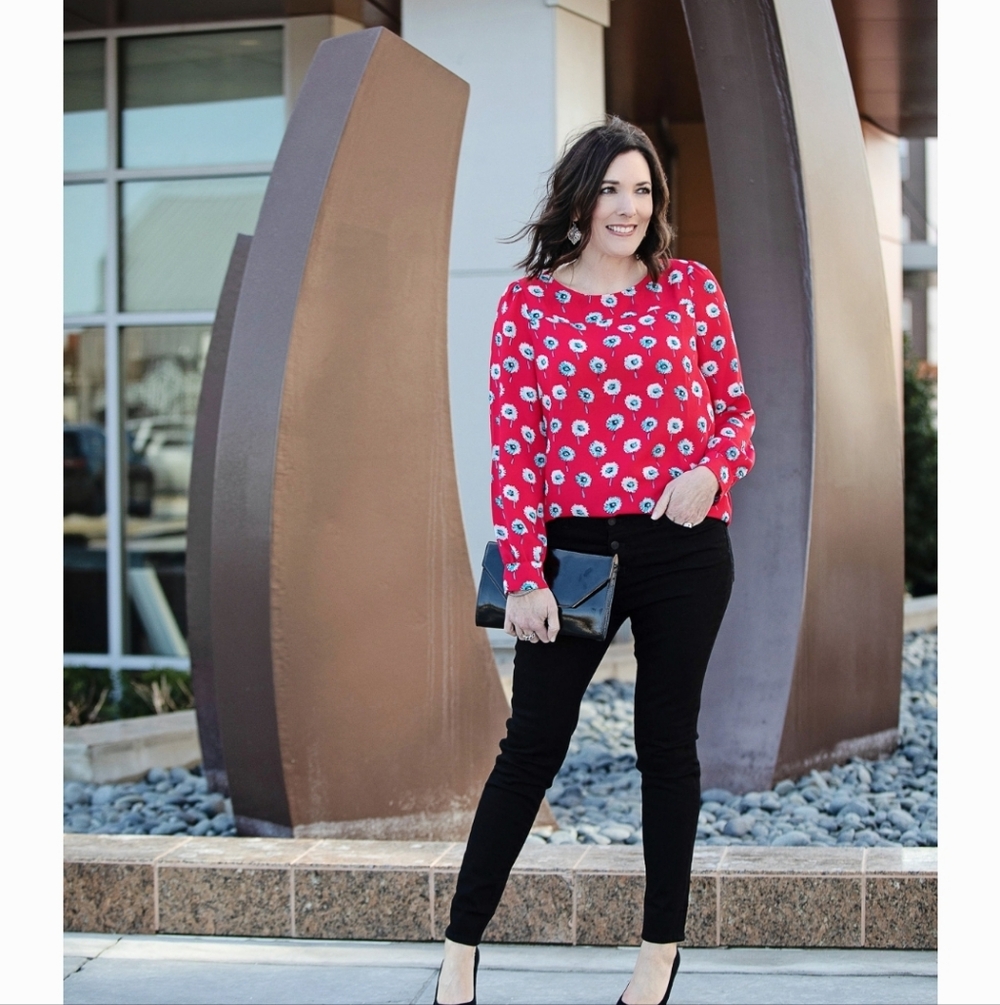 J. Crew Factory Red Floral Printed Boatneck Blouse - Size L #55